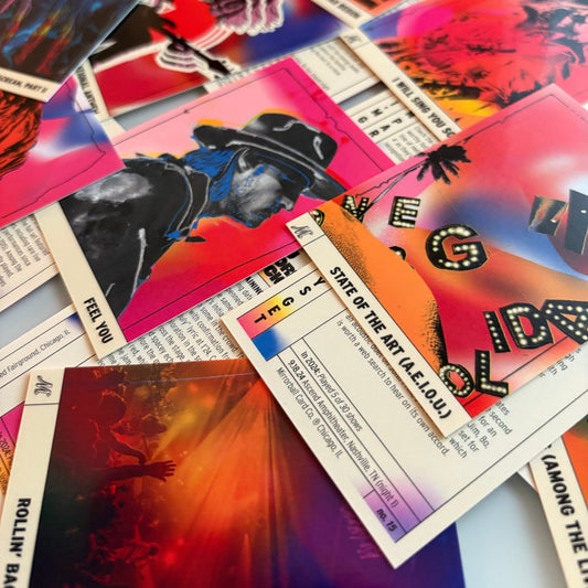 Collage of colorful trading cards with various designs and text.